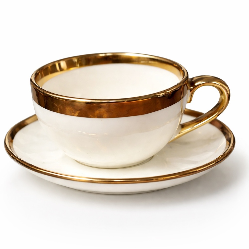 NWT White & Gold Porcelain Teacup & Saucer Set |  Luxury Cottagecore